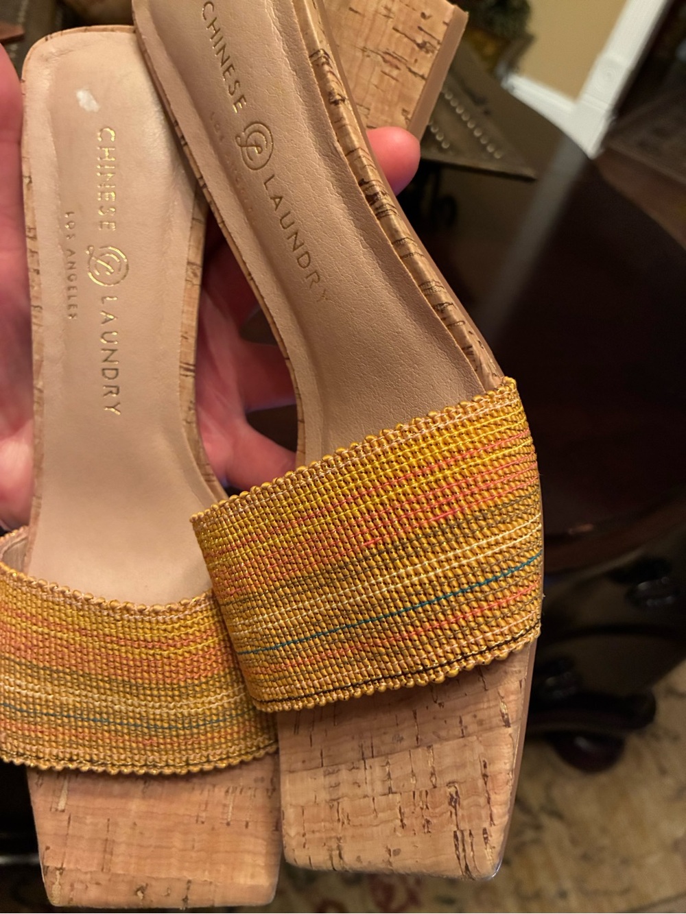 Yellow Woven Cork-Heel Slide Sandals - Women. Size 8